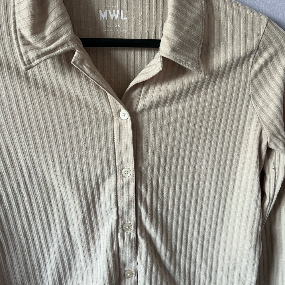 Cream Ribbed Button Down Shirt - Picture 3 of 7